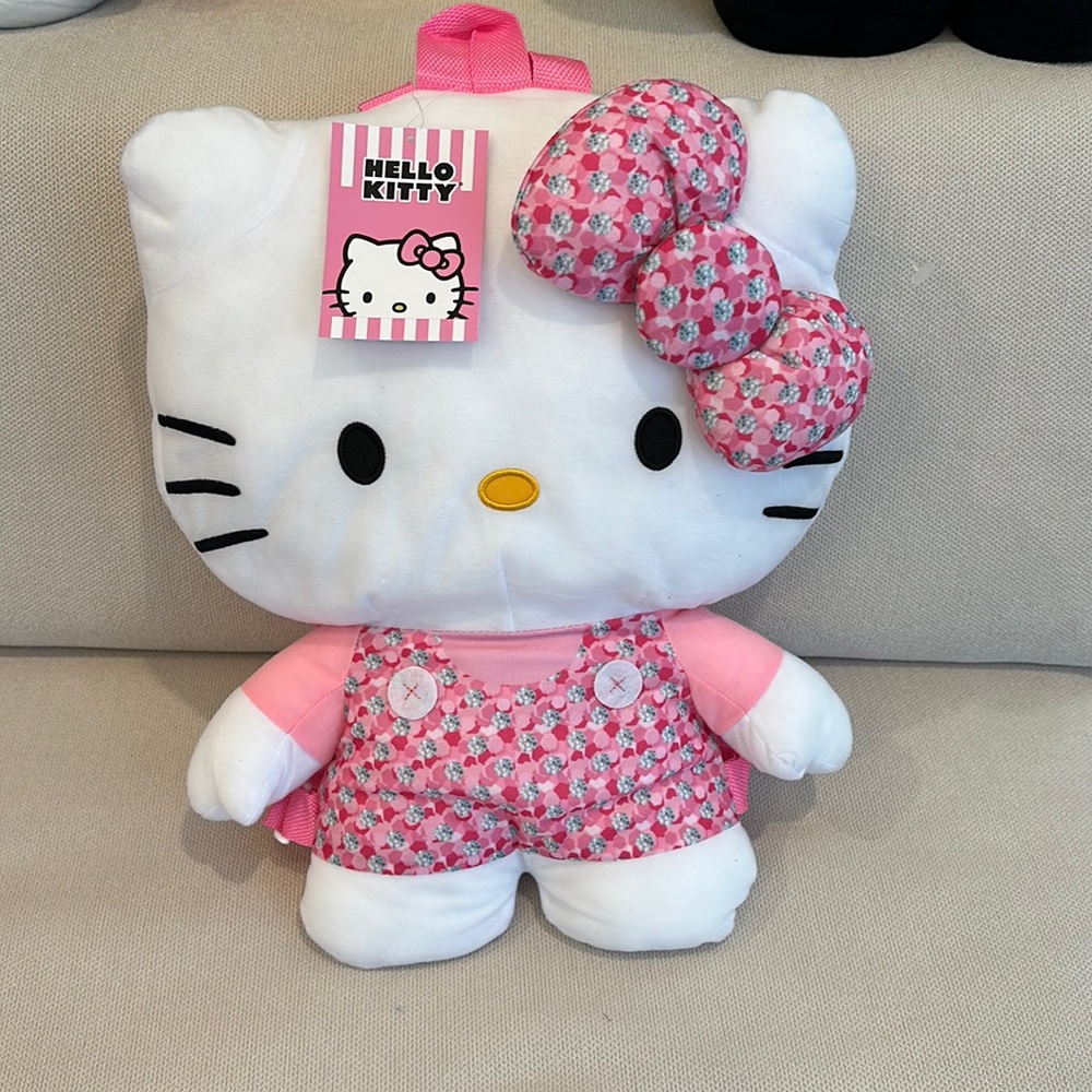 HELLO KITTY PLUSH BACKPACK PINK FLORAL OVERALLS AND BOW APPROX 18” NWT